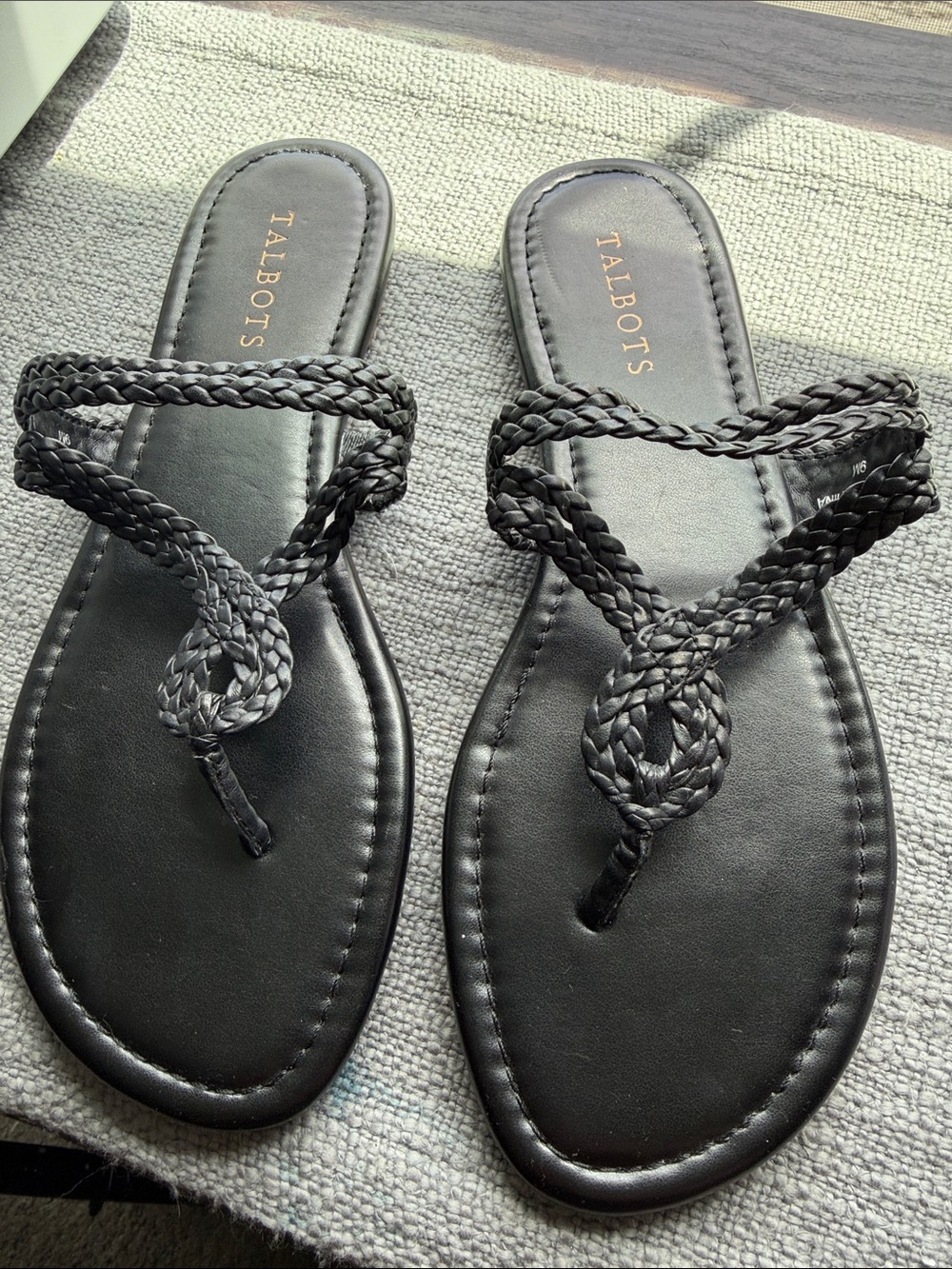 Talbots Black Braided Leather Toe-Loop Slide Sandals
